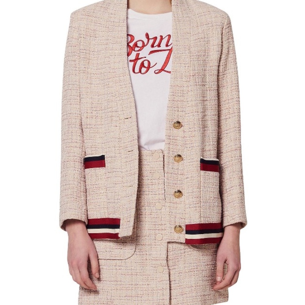 Sandro Adelaide Stripe-Trimmed Tweed Jacket Blazer Skirt Set in Blush 36, 2